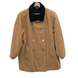 VTG 80s Steve & Searle Womens Wool Coat Camel Black Collar Roman Coin USA 12